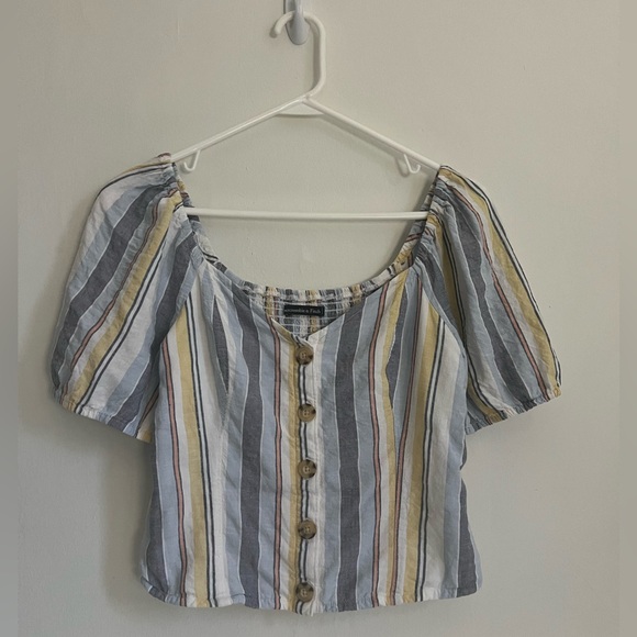 SMALL Abercrombie & Fitch A+F puff sleeve short stripes button smocking balloon - Picture 4 of 5